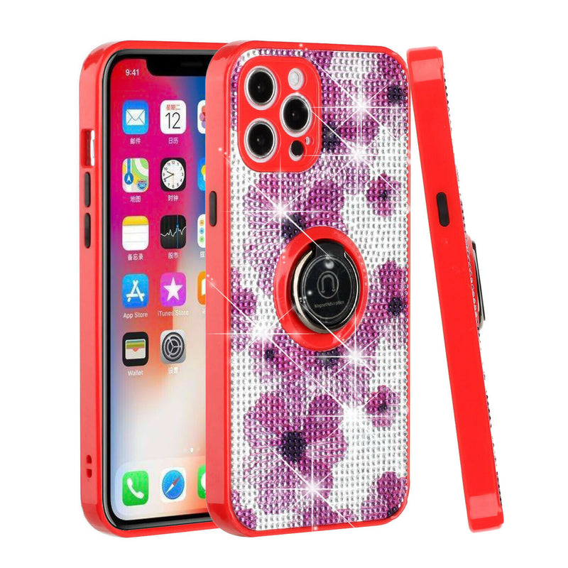 For Iphone 12 Pro Crystal Diamond Bling Magnetic Ring Stand Case Cover Floral E