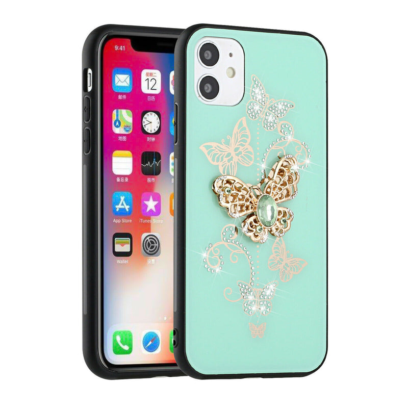 For Apple Iphone Xr Splendid Diamond Glitter Engraving Garden Butterflies Teal
