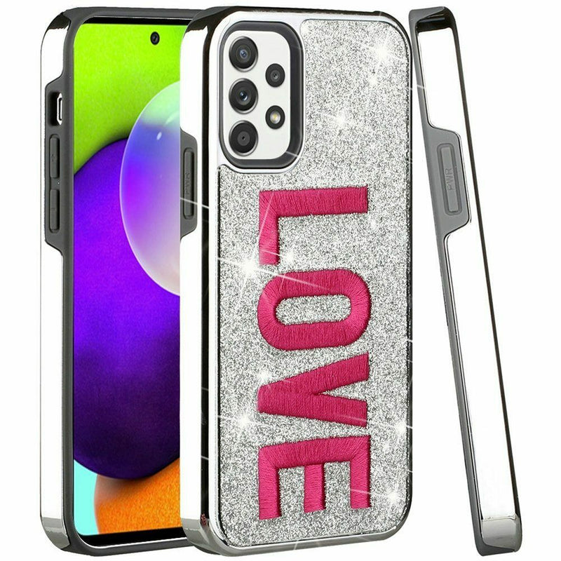 For Samsung Galaxy A52 5G Embroidery Bling Glitter Chrome Case Love On Silver