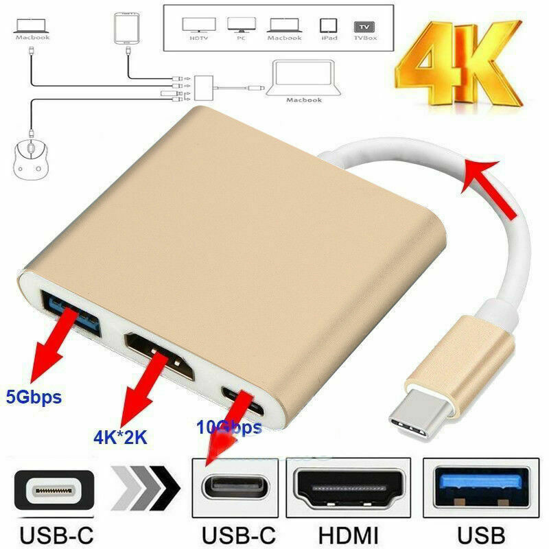 Type C Usb 3 1 Usb C 4K Hdmi Usb 3 0 Adapter Cable 3 In 1 Hub For Macbook Gold