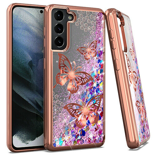 For Samsung S21 6 2 Chrome Glitter Motion Butterfly Rose Gold