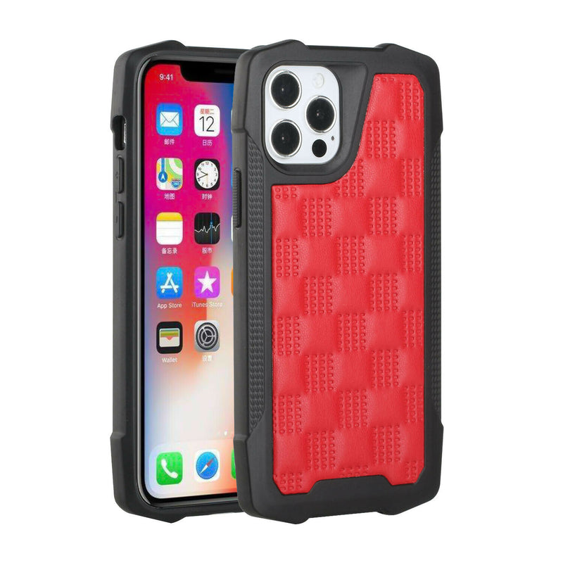 For Iphone 12 Pro Max 6 7 Trough Thick Pu Leather Lines Case Cover Checkered Red