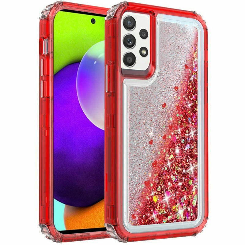 For Samsung Galaxy A52 5G Premium Transparent Quicksand Glitter Case Cover Red