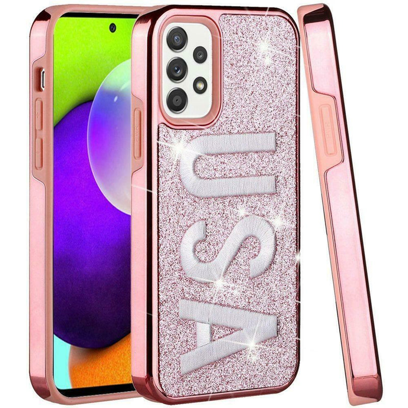 For Samsung Galaxy A52 5G Embroidery Bling Glitter Chrome Case U S A On Pink