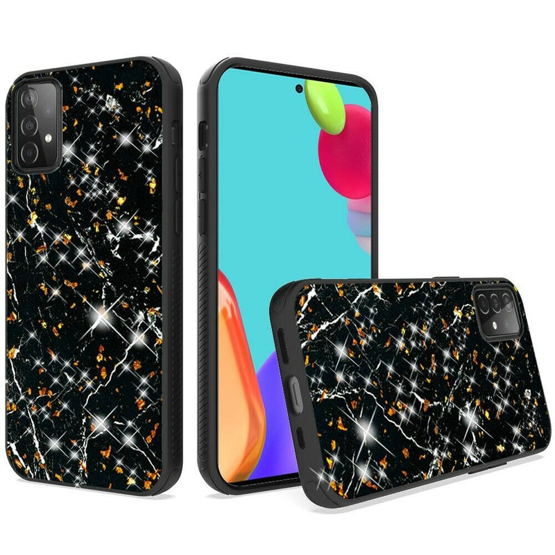 For Samsung Galaxy A52 5G Glitter Printed Hybrid Cover Case Black Gold Marble